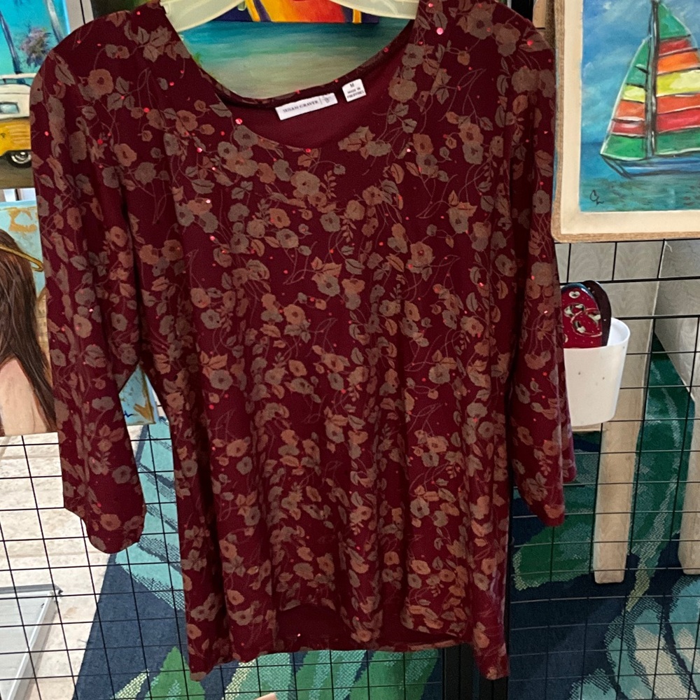 Susan Graver Burgundy Floral Blouse